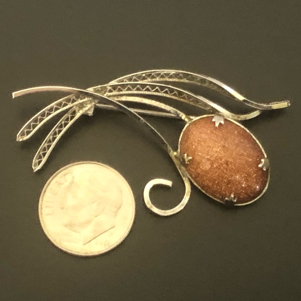 Sterling Silver Vine Brooch Pin with Orange Stone - Picture 3 of 5